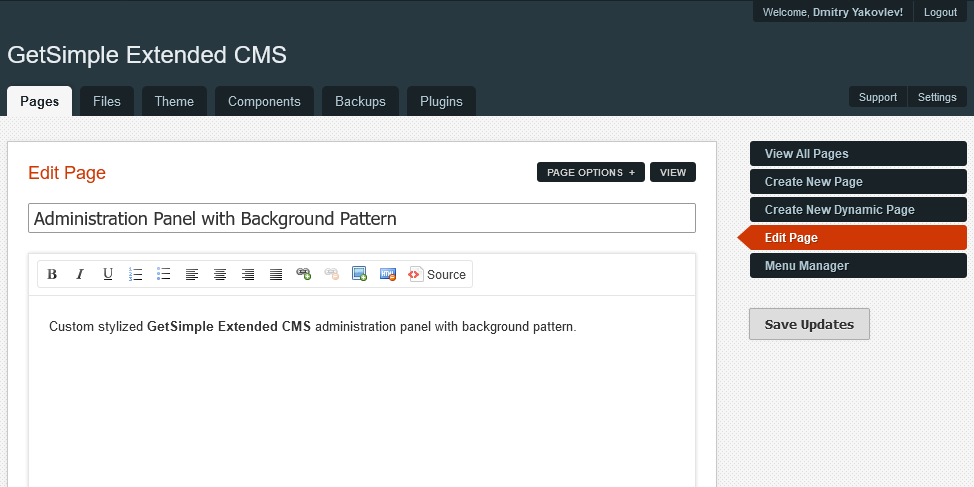 Панель администрирования GetSimple Extended CMS с установленным фоновым узором Texture