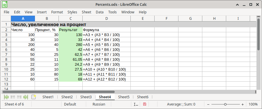 Пример вычисления числа, увеличенного на процент, в LibreOffice Calc