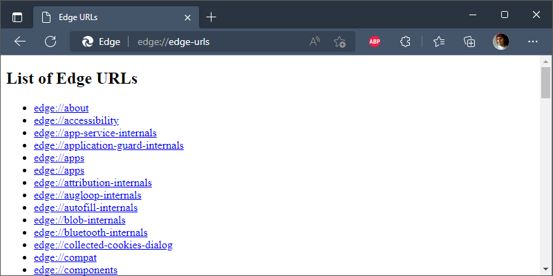 Окно браузера Microsoft Edge с открытой страницей служебных адресов