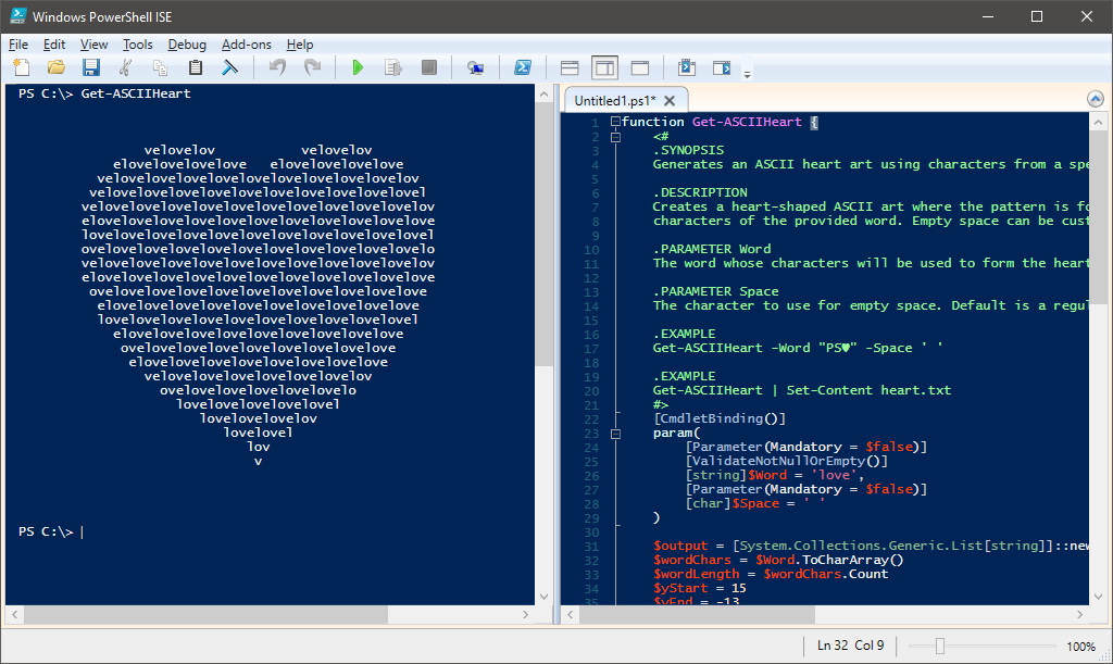Пример работы функции Get-ASCIIHeart с параметрами по умолчанию