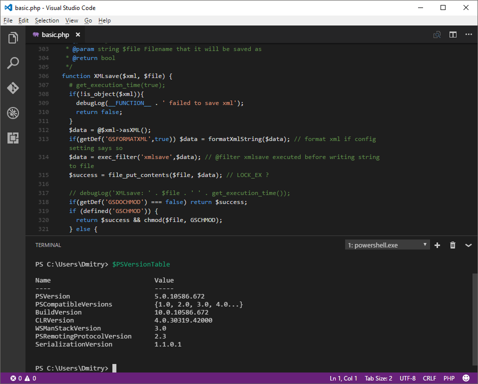 Пример использования PowerShell в качестве встроенного терминала в Visual Studio Code, работающего в Microsoft Windows 10