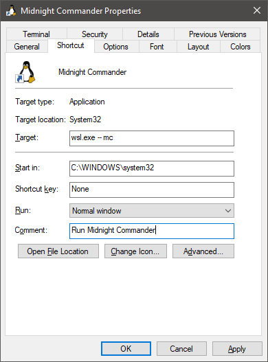 Ярлык для запуска Midnight Commander внутри дистрибутива WSL