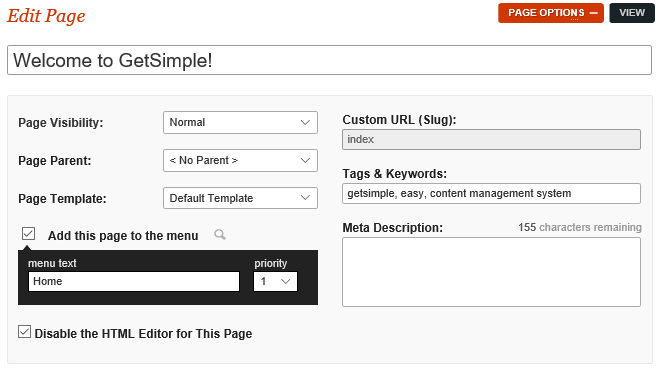 Графический пользовательский веб-интерфейс редактора страниц GetSimple CMS с чекбоксом плагина Disable HTML Editor, отключающим использование HTML редактора