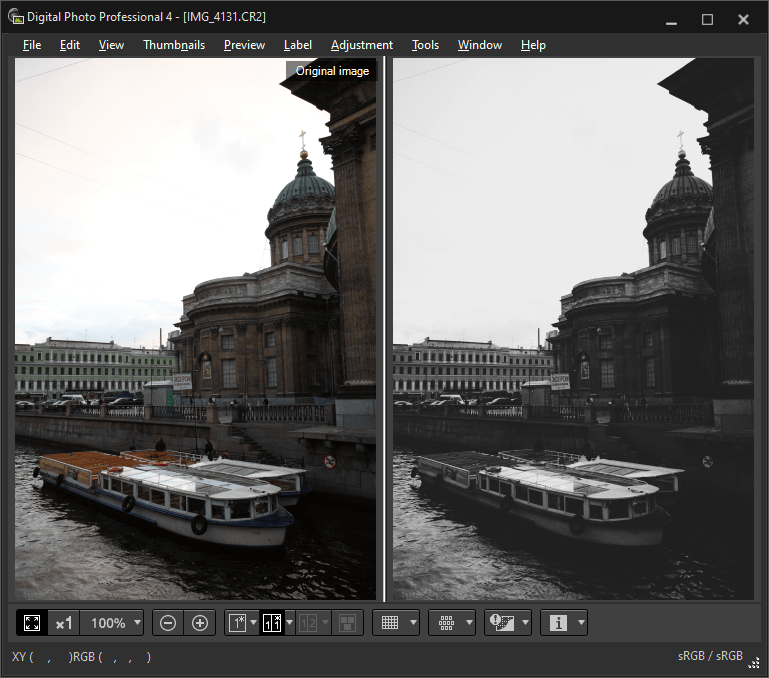 Example of applying Mono Flat 2020 recipe in the Canon Digital Photo Professional 4. Before and after comparison